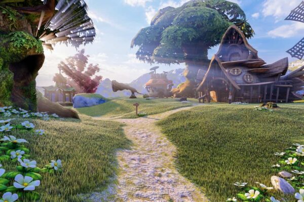 Cenário colorido e fantasioso com casas rústicas, árvores gigantes e flores, ilustrando um ambiente típico de histórias imaginárias para explicar “o que é fábula”.