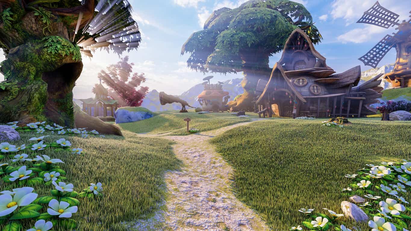 Cenário colorido e fantasioso com casas rústicas, árvores gigantes e flores, ilustrando um ambiente típico de histórias imaginárias para explicar “o que é fábula”.