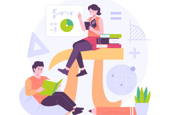 Ilustração de estudantes estudando Matemática ao redor do símbolo de Pi, representando cálculos e conceitos como MDC (Máximo Divisor Comum) com livros, fórmulas e gráficos ao fundo.