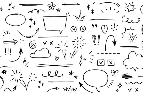 Ilustração com doodles e símbolos gráficos em preto e branco, usada para representar recursos de linguagem como a aliteração em figuras de linguagem.