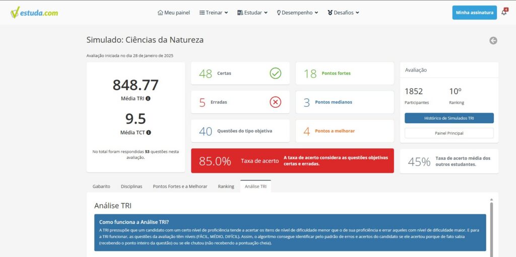 visão da plataforma estuda.com dos simulados TRI e desempenho do estudante.