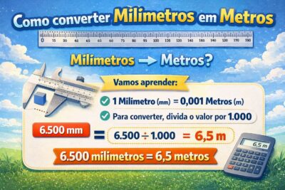Infográfico horizontal explicando Como converter Milímetros em Metros, com exemplo prático de 6.500 mm ÷ 1.000 = 6,5 m, mostrando régua, paquímetro e cálculo passo a passo para conversão de medidas.