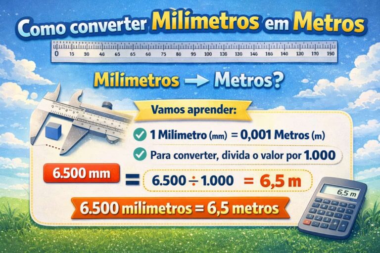 Infográfico horizontal explicando Como converter Milímetros em Metros, com exemplo prático de 6.500 mm ÷ 1.000 = 6,5 m, mostrando régua, paquímetro e cálculo passo a passo para conversão de medidas.