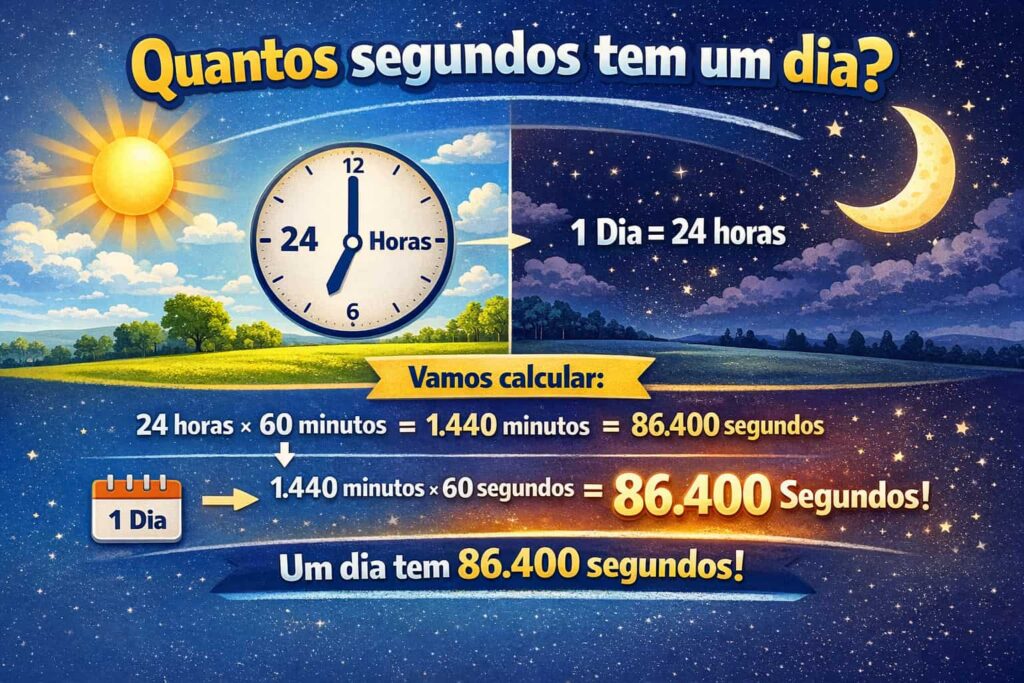 Infográfico educativo explicando quantos segundos tem um dia, com cálculo passo a passo mostrando que 24 horas equivalem a 86.400 segundos, em ilustração colorida de dia e noite.
