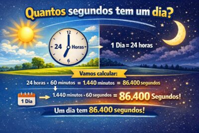 Infográfico educativo explicando quantos segundos tem um dia, com cálculo passo a passo mostrando que 24 horas equivalem a 86.400 segundos, em ilustração colorida de dia e noite.