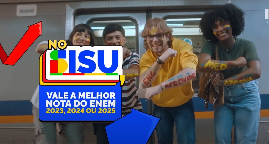 Estudantes comemorando em frente ao metrô com destaque para o logo do Sisu e texto informativo sobre notas do Enem, ilustrando tudo sobre a convocação da lista de espera no Sisu.