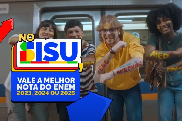 Estudantes comemorando em frente ao metrô com destaque para o logo do Sisu e texto informativo sobre notas do Enem, ilustrando tudo sobre a convocação da lista de espera no Sisu.
