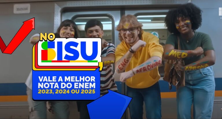 Estudantes comemorando em frente ao metrô com destaque para o logo do Sisu e texto informativo sobre notas do Enem, ilustrando tudo sobre a convocação da lista de espera no Sisu.