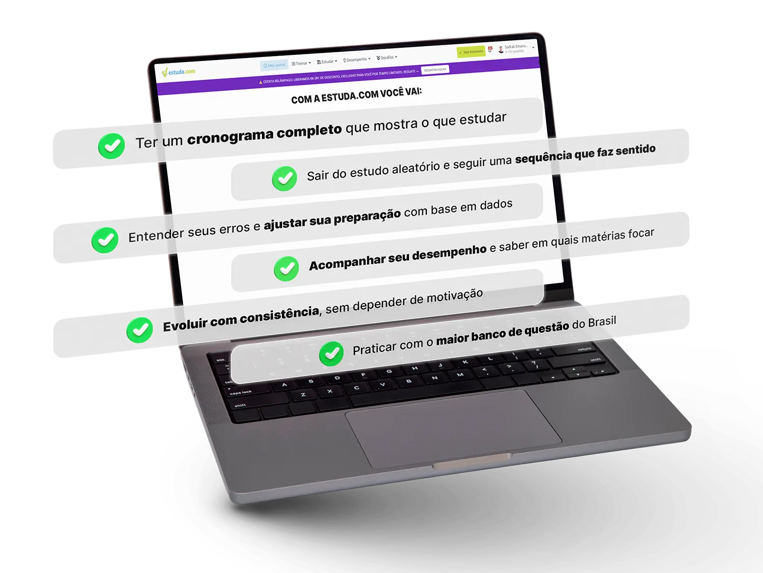notebook com tudo que você garante ao usar a plataforma estudacom