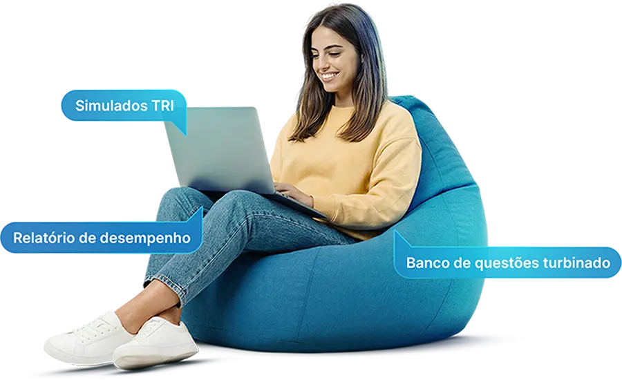 Estudante usando um notebook para realizar Simulados TRI, ver seu relatório de desempenho e ter um banco de questões turbinado tumo a Aprovação Enem.