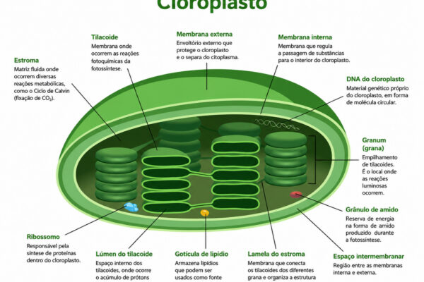 Diagrama ilustrado dos cloroplastos com identificação de suas principais estruturas, como tilacoides, estroma, grana, membranas interna e externa, DNA do cloroplasto, ribossomos e lúmen, explicando a organização e o funcionamento da organela responsável pela fotossíntese nas células vegetais.