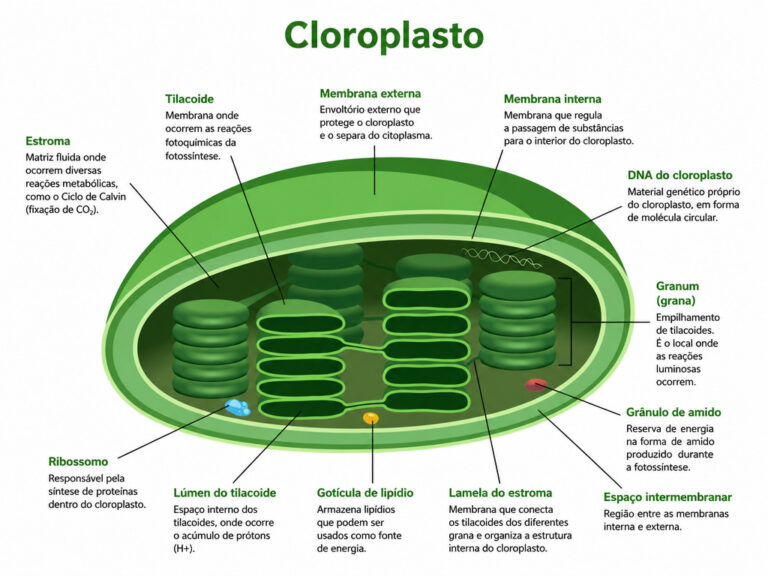Diagrama ilustrado dos cloroplastos com identificação de suas principais estruturas, como tilacoides, estroma, grana, membranas interna e externa, DNA do cloroplasto, ribossomos e lúmen, explicando a organização e o funcionamento da organela responsável pela fotossíntese nas células vegetais.