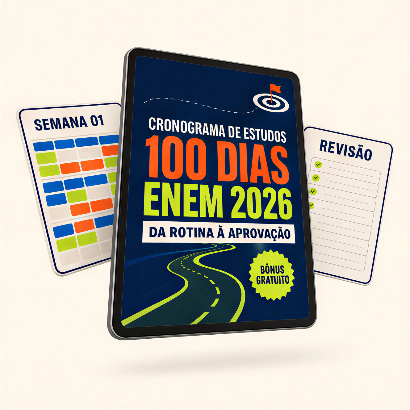 Mockup do e-book Cronograma de Estudos 100 Dias ENEM em um tablet