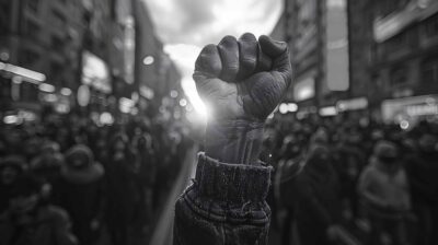 Abolição da Escravatura no Brasil representada por punho erguido em manifestação por liberdade e igualdade.
