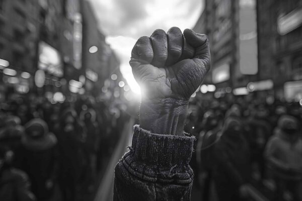 Abolição da Escravatura no Brasil representada por punho erguido em manifestação por liberdade e igualdade.