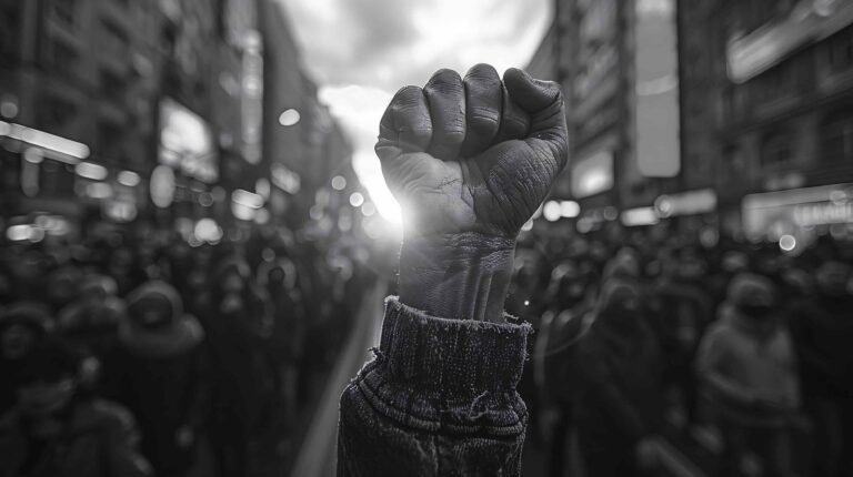 Abolição da Escravatura no Brasil representada por punho erguido em manifestação por liberdade e igualdade.