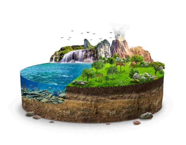 Biosfera representada pela interação entre ambientes terrestres e aquáticos, com vegetação, animais, solo, oceanos e vulcão em uma paisagem natural.