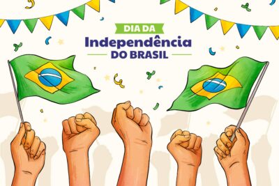 Ilustração do dia da independência do Brasil com bandeiras brasileiras, punhos erguidos e decoração verde, amarela e azul.