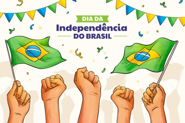 Ilustração do dia da independência do Brasil com bandeiras brasileiras, punhos erguidos e decoração verde, amarela e azul.