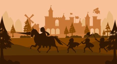 Ilustração de um castelo medieval com cavaleiros, soldados e elementos típicos da idade média, representando o período medieval, o sistema feudal e a organização da sociedade europeia.