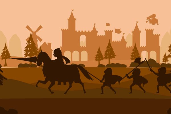 Ilustração de um castelo medieval com cavaleiros, soldados e elementos típicos da idade média, representando o período medieval, o sistema feudal e a organização da sociedade europeia.