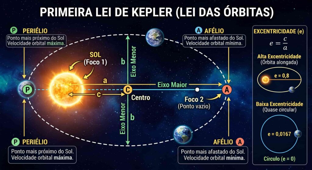 Diagrama ilustrando a Primeira Lei de Kepler (Lei das Órbitas), mostrando a órbita elíptica de um planeta com o Sol em um foco, destacando periélio e afélio.
