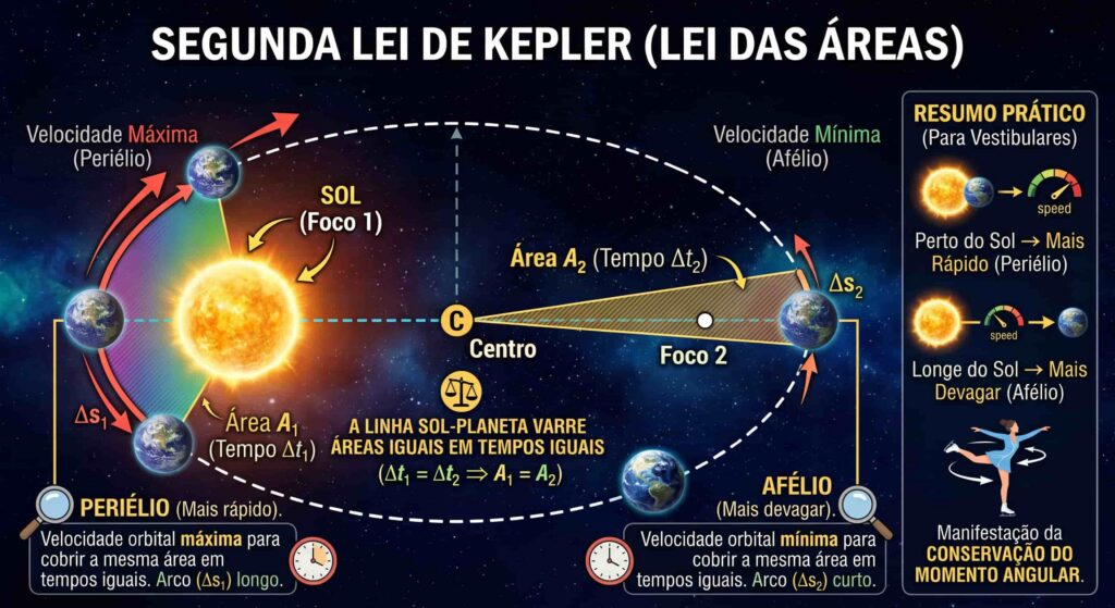 Gráfico da Segunda Lei de Kepler (Lei das Áreas), com setores coloridos mostrando áreas iguais varridas em tempos iguais e a variação da velocidade orbital.