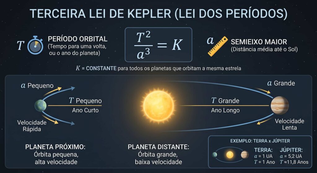 Infográfico sobre a Terceira Lei de Kepler (Lei dos Períodos), comparando a relação T²/a³ = K para a Terra e Júpiter, com valores de período orbital e semieixo maior.