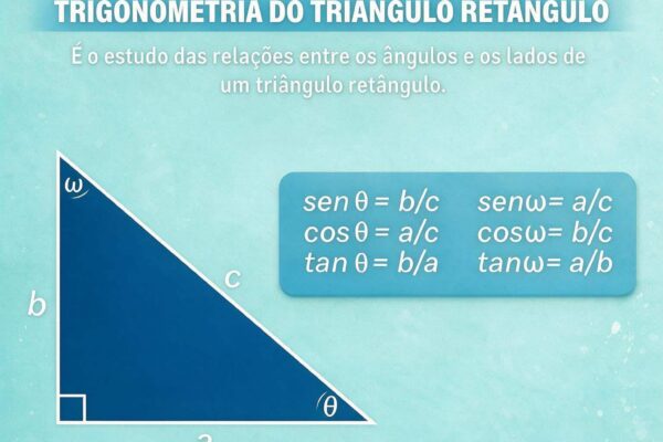 Ilustração de trigonometria no triângulo retângulo, com representação das relações entre seno, cosseno e tangente dos ângulos.