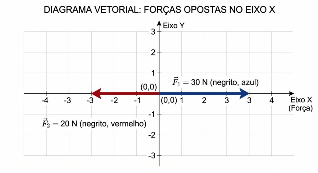 Diagrama vetorial mostrando um plano cartesiano com vetores de força em sentidos opostos no eixo X
