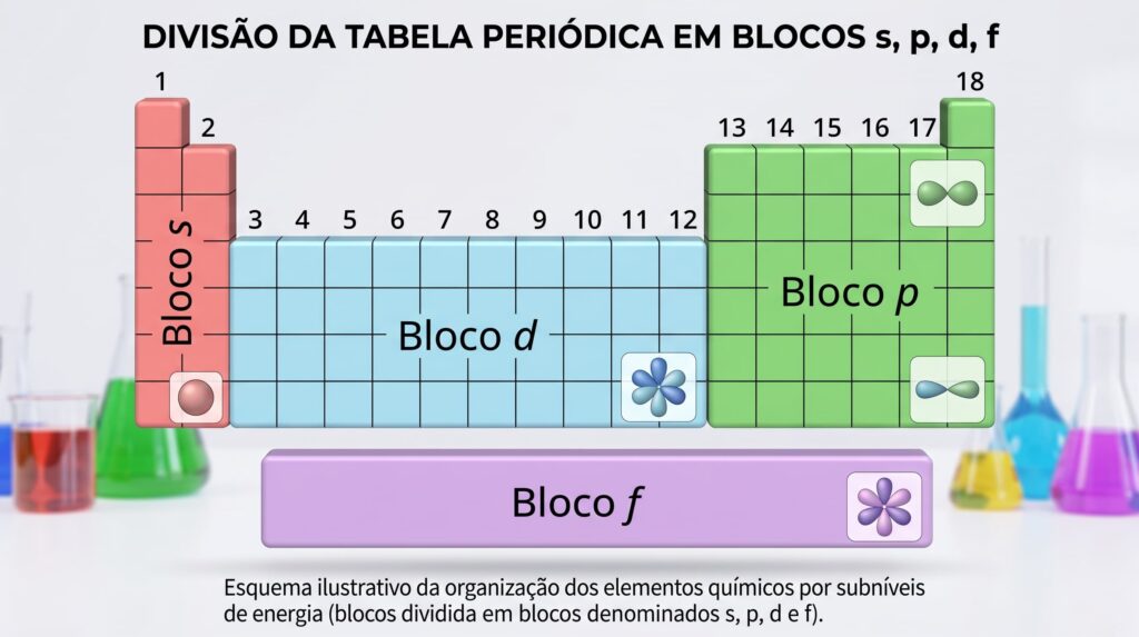 Esquema ilustrativa da organização dos elementos químicos por subníveis de energia da tabela periódica (blocos s, p, d e f)