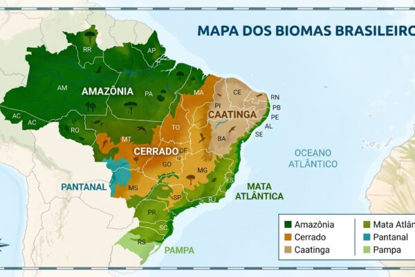 Mapa ilustrado do Brasil que destaca a localização e a extensão dos seis biomas brasileiros (Amazônia, Cerrado, Caatinga, Mata Atlântica, Pantanal e Pampa) através de áreas coloridas. A imagem inclui o título 'Mapa dos Biomas Brasileiros', as siglas dos estados e uma legenda explicativa.