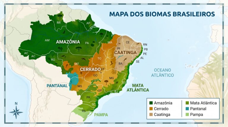 Mapa ilustrado do Brasil que destaca a localização e a extensão dos seis biomas brasileiros (Amazônia, Cerrado, Caatinga, Mata Atlântica, Pantanal e Pampa) através de áreas coloridas. A imagem inclui o título 'Mapa dos Biomas Brasileiros', as siglas dos estados e uma legenda explicativa.