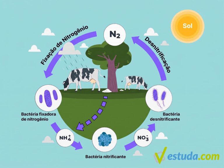Infográfico em estilo de arte em feltro detalhando as cinco etapas do Ciclo do Nitrogênio: Fixação, Amonificação, Nitrificação, Cadeia Alimentar e Desnitrificação.