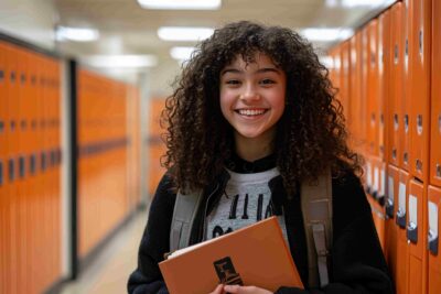 Estudante sorrindo no corredor da escola com livros, representando dicas de como passar no vestibular.