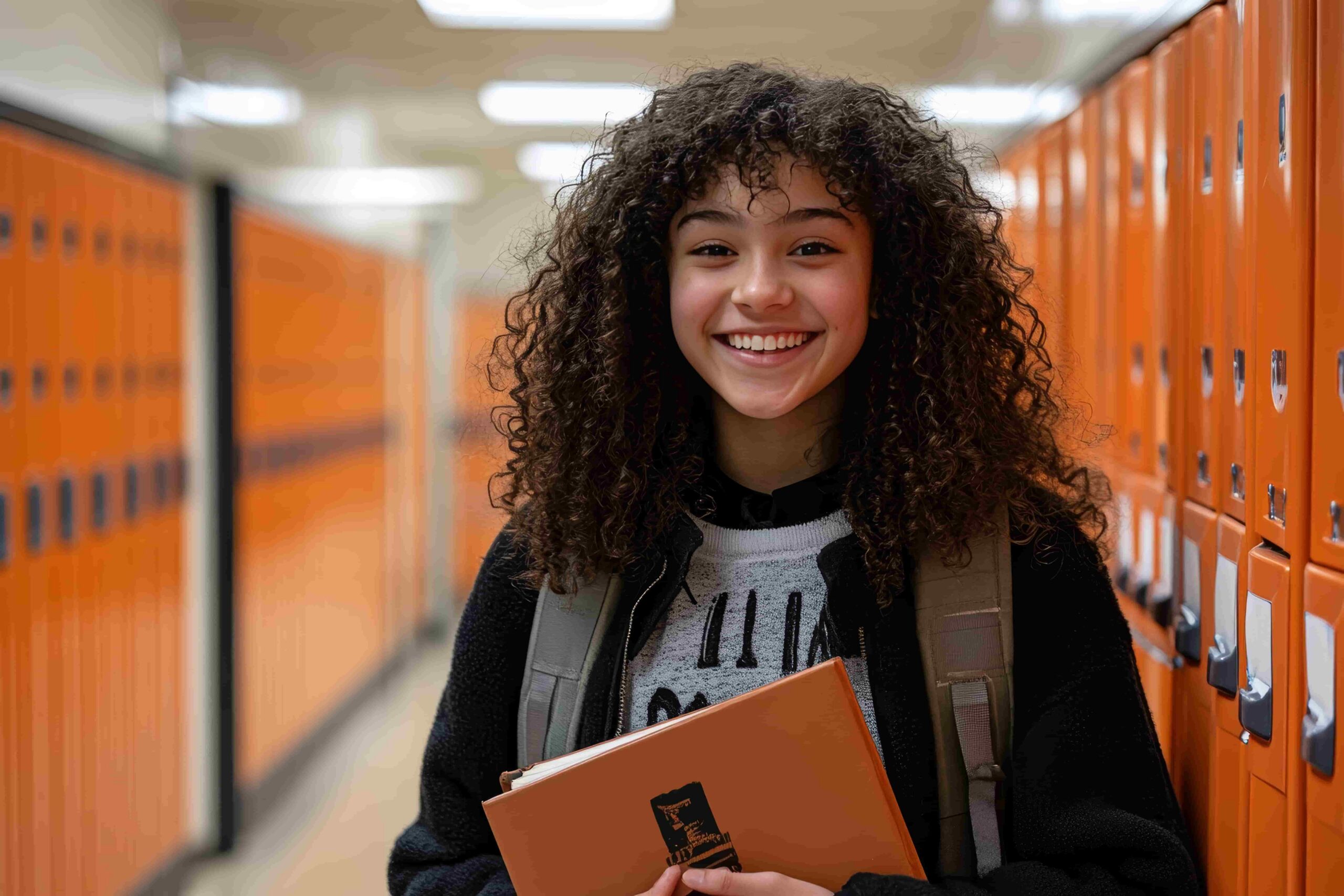 Estudante sorrindo no corredor da escola com livros, representando dicas de como passar no vestibular.
