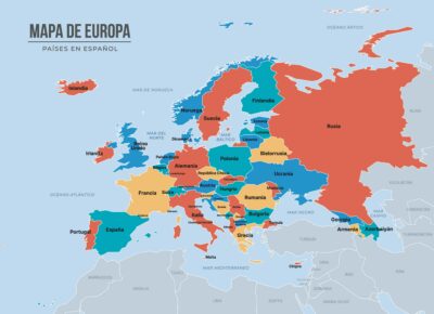 Mapa da Europa com países europeus identificados e destacados por diferentes cores.
