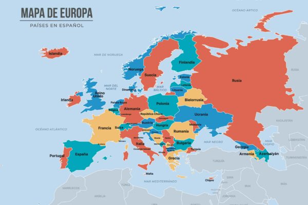 Mapa da Europa com países europeus identificados e destacados por diferentes cores.