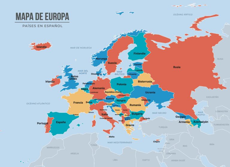 Mapa da Europa com países europeus identificados e destacados por diferentes cores.
