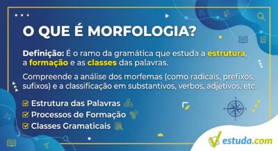 "Card educativo da Estuda.com explicando o que é morfologia. O texto define o termo como o ramo da gramática que estuda a estrutura, a formação e as classes das palavras, listando seus três principais tópicos de análise