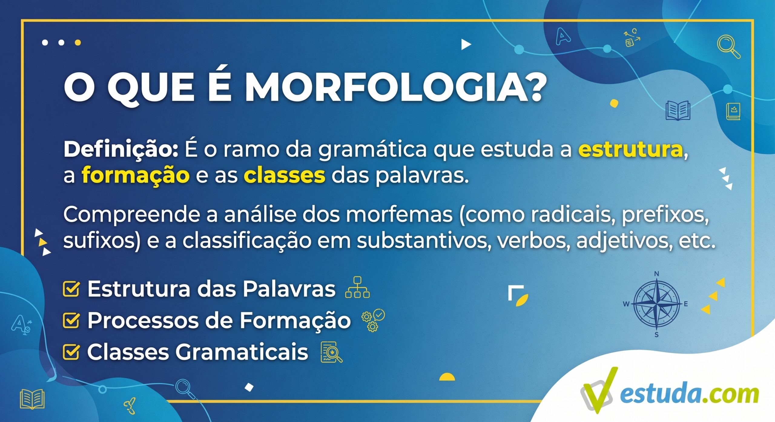 "Card educativo da Estuda.com explicando o que é morfologia. O texto define o termo como o ramo da gramática que estuda a estrutura, a formação e as classes das palavras, listando seus três principais tópicos de análise