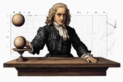 Ilustração da Segunda Lei de Newton com Isaac Newton realizando um experimento com esferas e representação de conceitos de força e movimento.