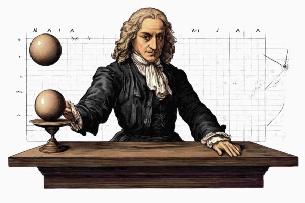 Ilustração da Segunda Lei de Newton com Isaac Newton realizando um experimento com esferas e representação de conceitos de força e movimento.