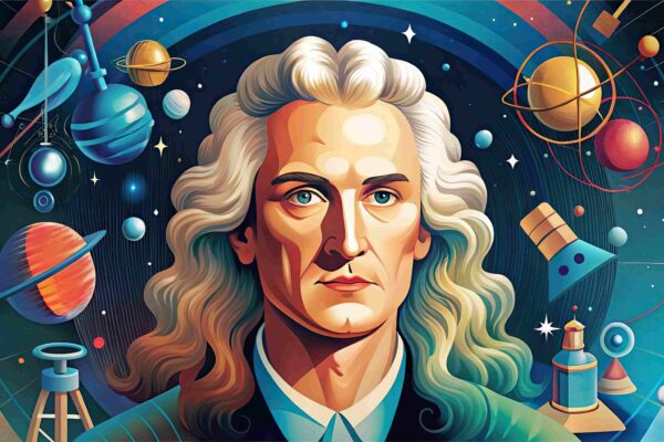 Ilustração da Terceira Lei de Newton com Isaac Newton e elementos relacionados à física, forças e movimento.