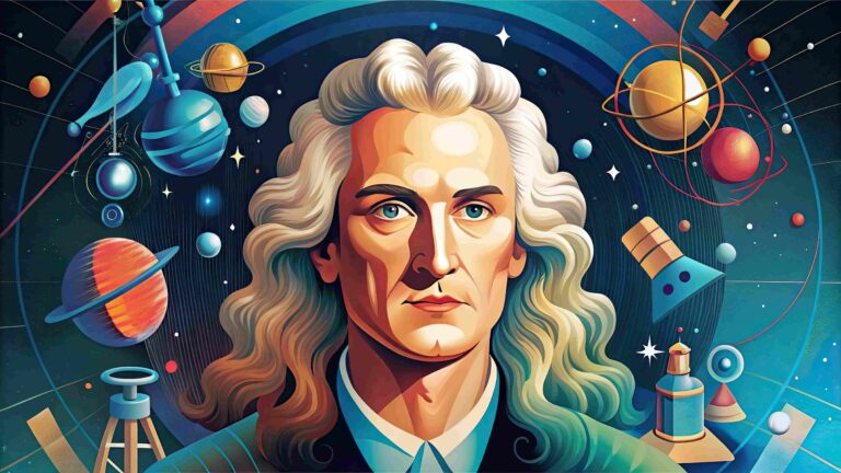 Ilustração da Terceira Lei de Newton com Isaac Newton e elementos relacionados à física, forças e movimento.