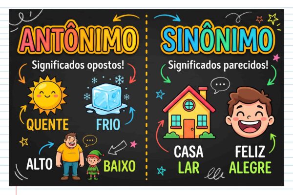 Infográfico explicativo de Antônimo e sinônimo com exemplos.