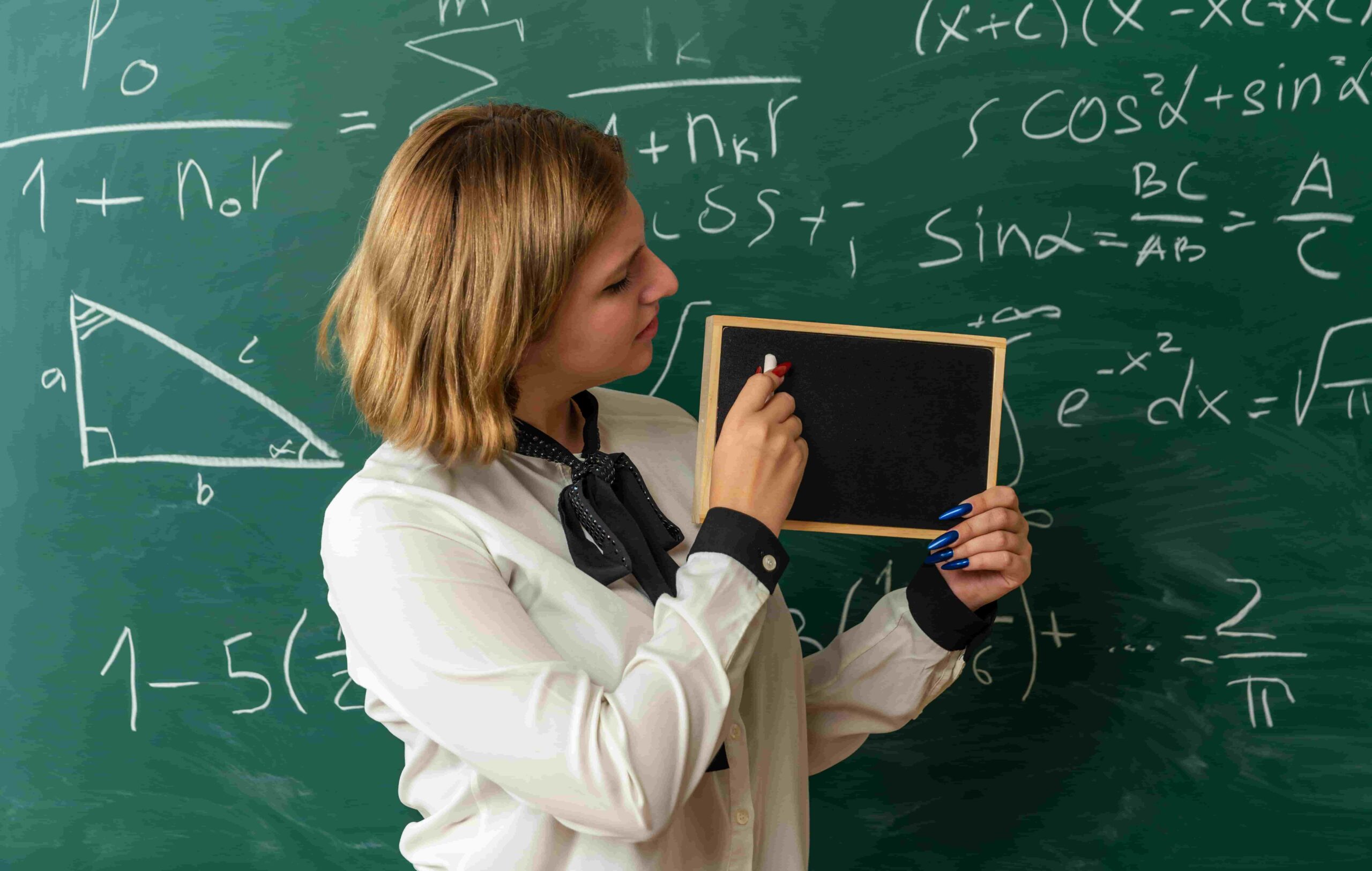 Professora explicando o Teorema de Pitágoras em sala de aula, com fórmulas matemáticas e triângulo retângulo no quadro.