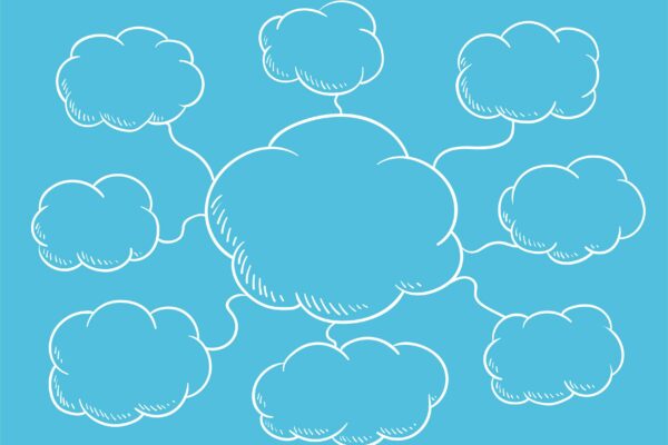 Ilustração de mapa mental com nuvens interligadas para organizar ideias e informações, representando uma técnica visual de como fazer um mapa mental.