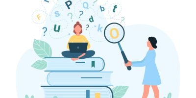 Ilustração sobre analfabetismo funcional, mostrando uma pessoa estudando em cima de livros e outra analisando letras com uma lupa, simbolizando dificuldades de leitura e compreensão.