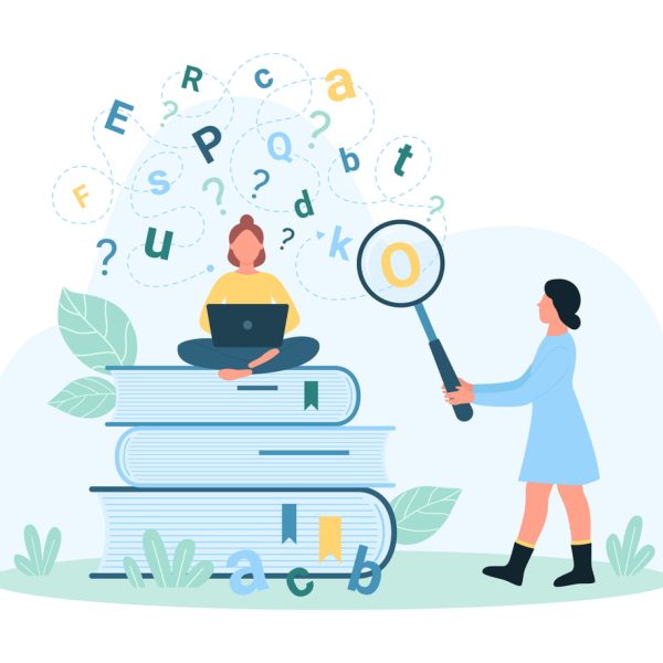 Ilustração sobre analfabetismo funcional, mostrando uma pessoa estudando em cima de livros e outra analisando letras com uma lupa, simbolizando dificuldades de leitura e compreensão.